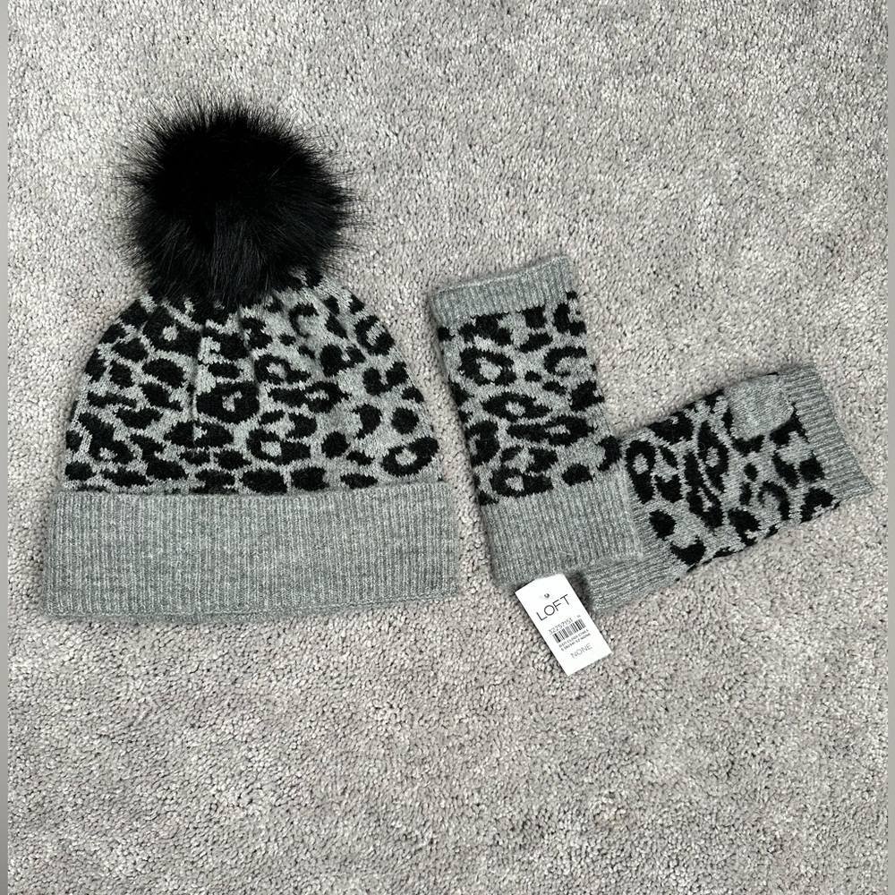 Loft gray leopard print  toboggan and mittens